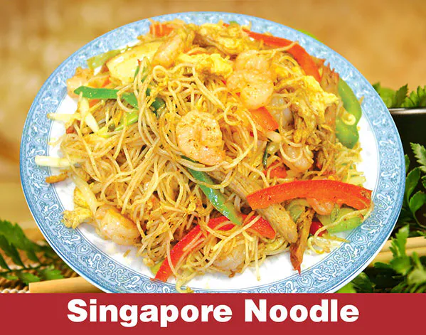 Singapore-style rice noodles stir-fried with shrimp and vegetables at Great Wall, a Chinese Restaurant in Indianapolis