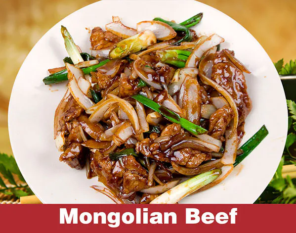 Mongolian beef stir-fried with onions and scallions in brown sauce at Great Wall, a Chinese Restaurant in Indianapolis