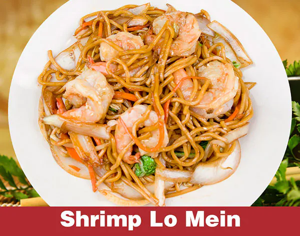 Shrimp lo mein noodles stir-fried with vegetables and sesame seeds at Great Wall, a Chinese Restaurant in Indianapolis