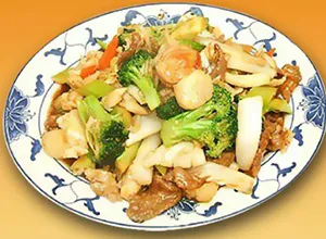 Shrimp and vegetable stir-fry with broccoli, snow peas, and pork at Great Wall, a Chinese Restaurant in Indianapolis